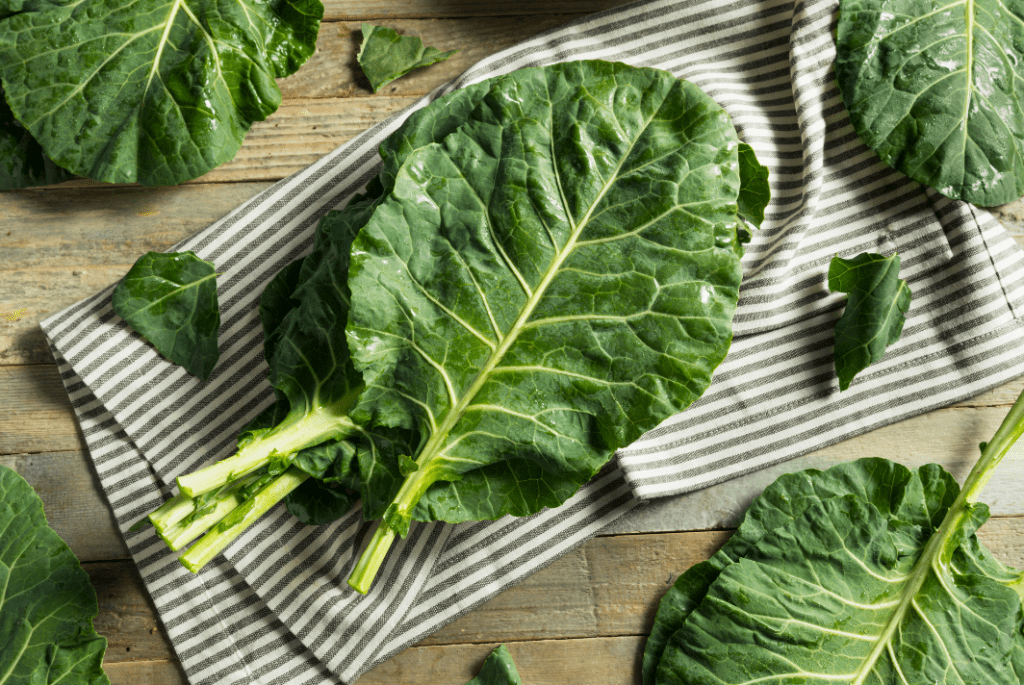collard greens on a striped towel